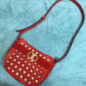 Tory Burch burnt orange red suede saddle bag